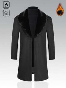 Manfinity Mode Men's Solid Color Faux Fur Patchwork Long Sleeve Windbreaker Jacket, Autumn/Winter Men Long Coat Elegant For Men Luxury Overcoat - Black - View 3