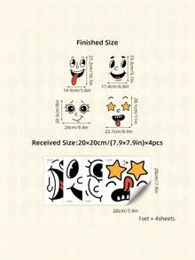 4 Sheets Self Adhesive Removable Glossy Cartoon Face Stickers For Plastic Surface Wall Fridge Trash Can Toilet Bathroom Home Decor Fun Theme Decorative Cover Imperfections Hide Scratches - Black - View 8