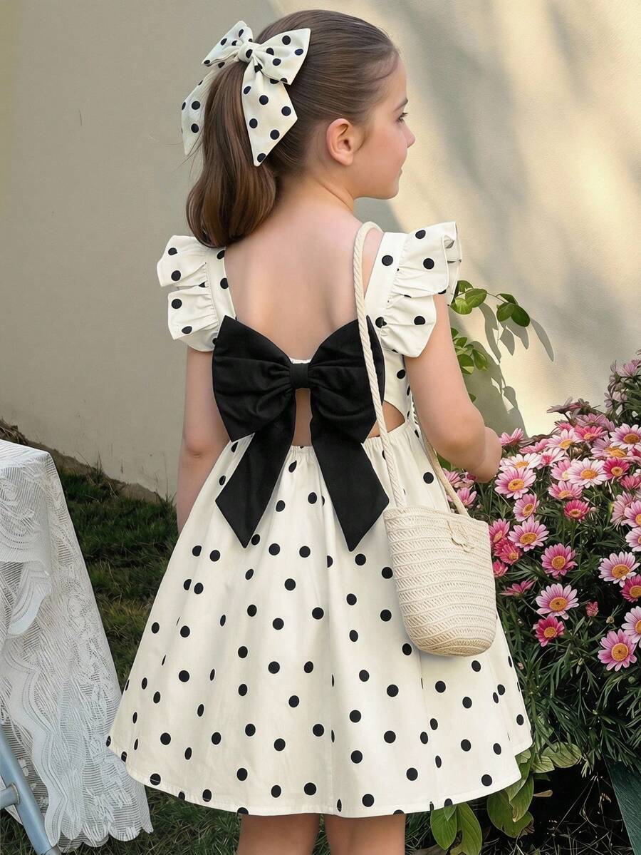 SHEIN LMoss Kids 女童編織波點方領荷葉邊露背蝴蝶結休閒洋裝 - 杏色 - 查看 1