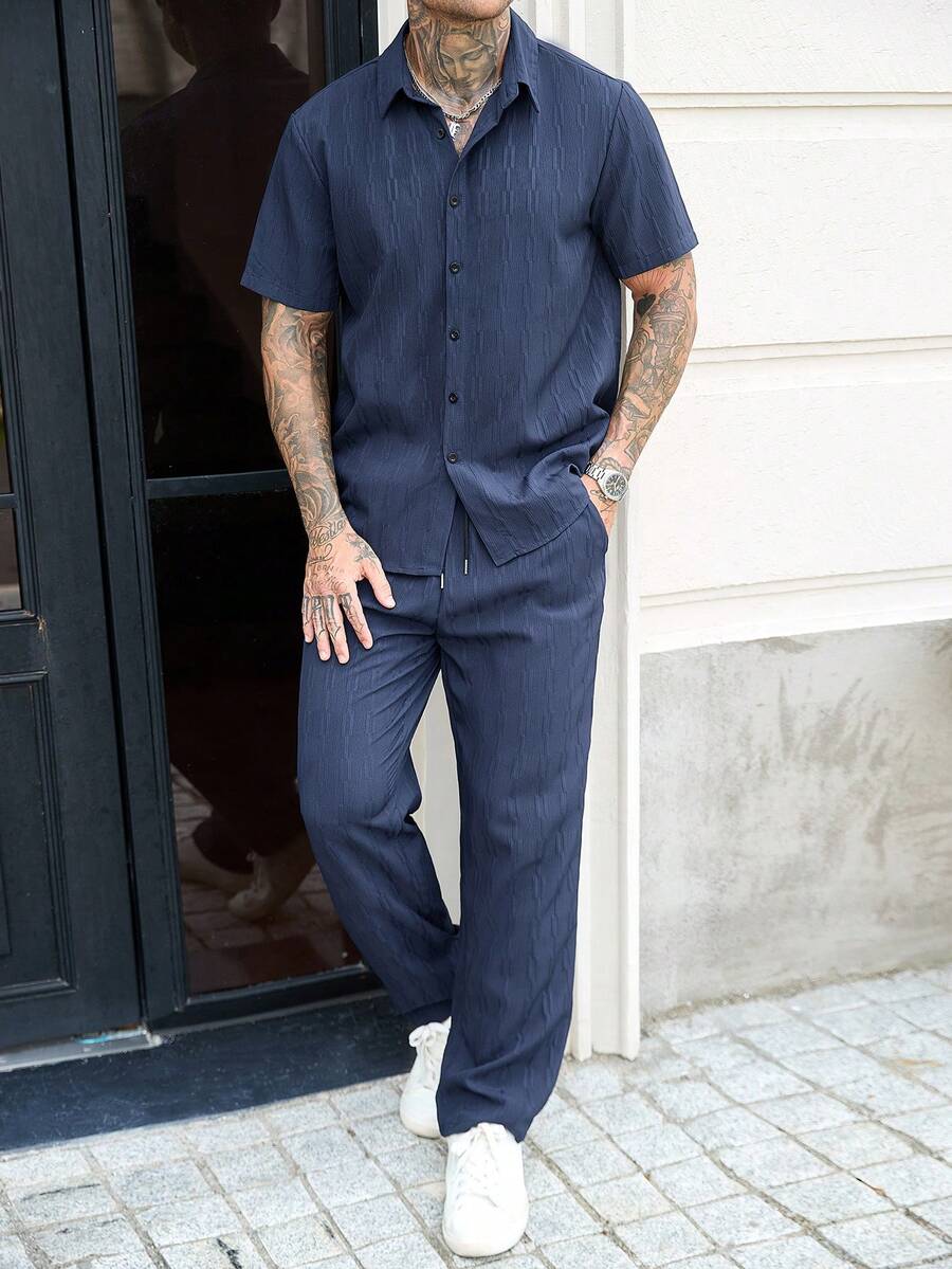 Manfinity CasualCool Men's Casual Versatile Shirt And Pants Set - Navy Blue - View 1