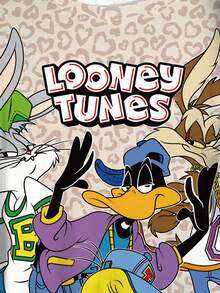 LOONEY TUNES X SHEIN 大尺碼女款字母與豹紋印花短袖寬鬆版型T恤 - 白色 - 查看 4