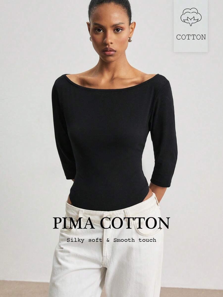 ATUI Studio Women Minimalist Off Shoulder Bodysuit, 3/4 Sleeve Stretch Jersey Slim Fit Basic Black Top For Daily Office Wear - Black - View 1