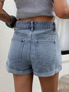 DAZY Floral Print & Embroidery Casual Vacation Denim Shorts For Women, Spring & Summer - Blue - View 2