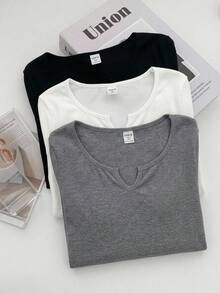SHEIN 3pcs/Set Teen Girl Solid Color V-Neck Long Sleeve Casual T-Shirt Set - Multicolor - View 4