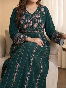 SHEIN Najma 女款花卉條紋蕾絲印花大尺碼洋裝，春秋時尚V領長袖寬鬆長版長洋裝，花卉圖案深綠色阿拉伯風服飾 - 彩色 - 查看 4