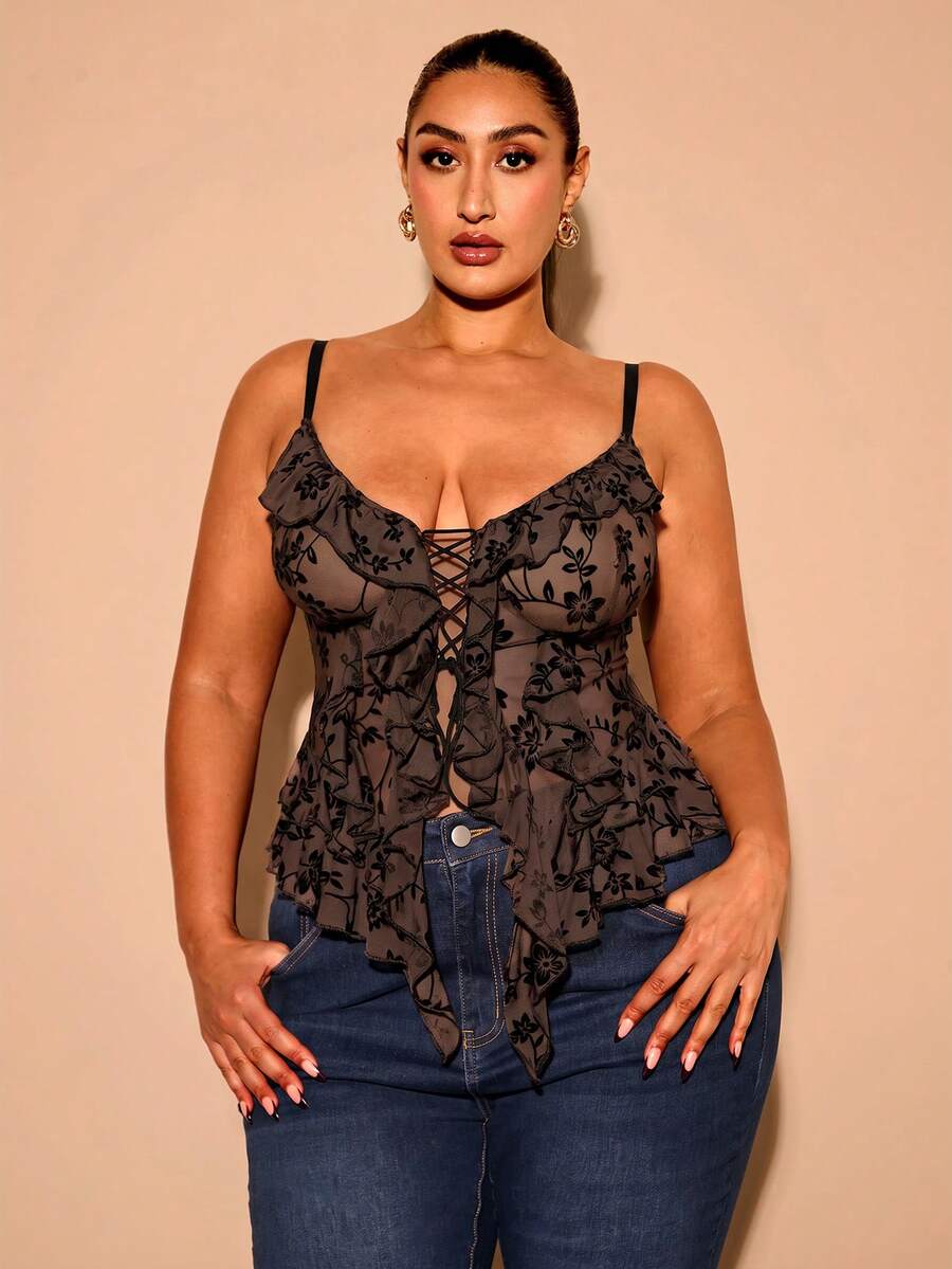 SHEIN BAE 大尺碼女款細肩帶背心與背心上衣,蝴蝶結裝飾 - 棕色 - 查看 1