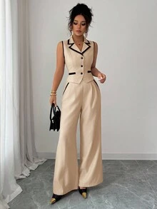 Siren Gaze 女款優雅通勤辦公工作對比飾邊背心長褲套裝 商務休閒 米色 夏季 - 卡其色 - 查看 5