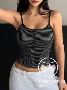 DAZY Striped Fake Collar Padded Cami Top Crop Women Tops - Black - View 3