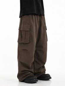 ÉpureWay Men Flap Pocket Side Drawstring Waist Oversize Cargo Pants, Fall Wide Leg - Chocolate Brown - View 4