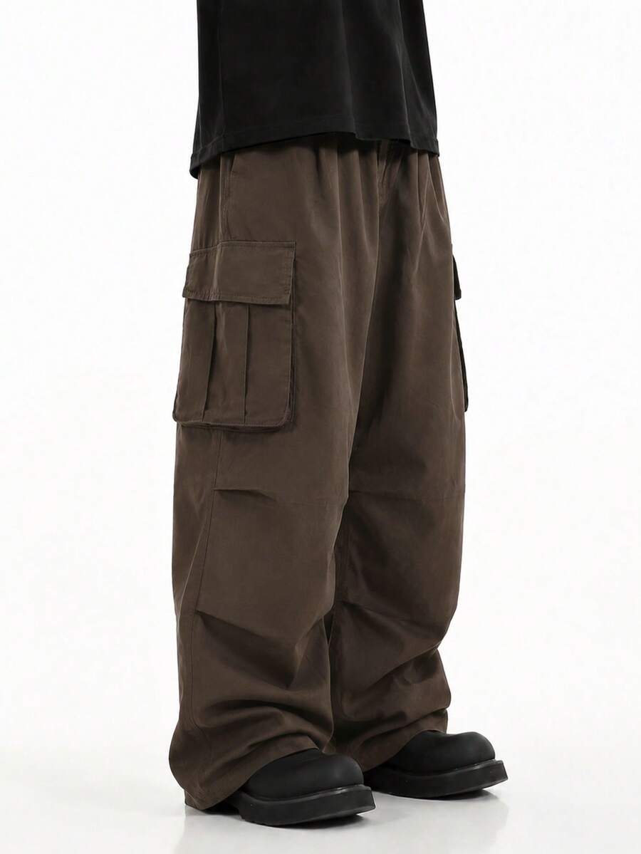 ÉpureWay Men Flap Pocket Side Drawstring Waist Oversize Cargo Pants, Fall Wide Leg - Chocolate Brown - View 1