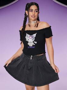 HELLO KITTY AND FRIENDS | SHEIN Sweet & Cool Y2K Off-Shoulder Lettuce Trim Bodycon Stretchy Black Plus Size Kuromi Print Top - Black - View 3