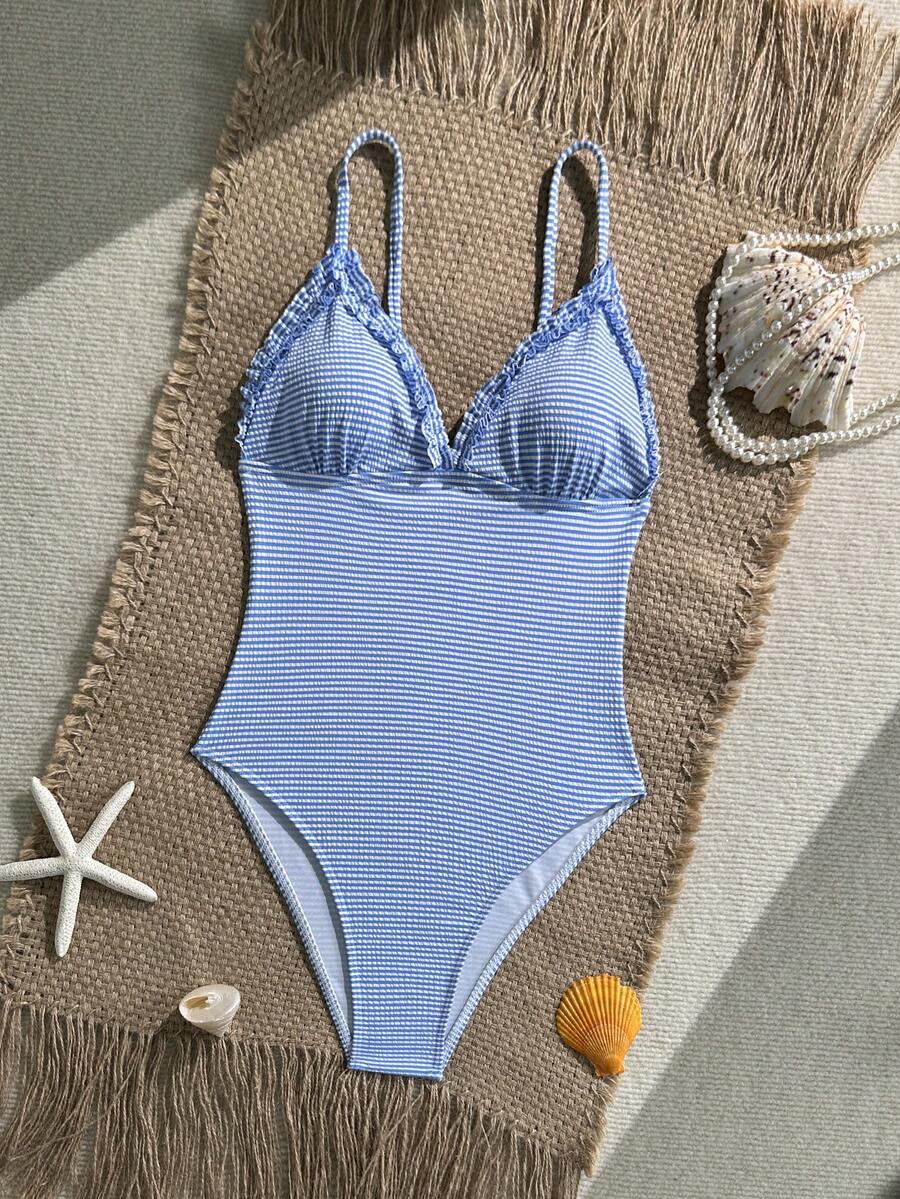 Swim Mod 1pc Striped Ruffle Strap One-Piece Swimsuit For Women, Summer - Blue and White - View 1