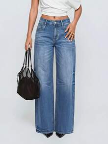 Avantive Women's Fashion Versatile Button Pocket Loose Denim Jeans - Medium Wash - View 5