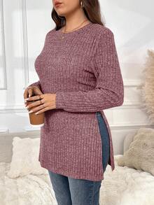 SHEIN Frenchy Plus Size Casual Solid Color Split Hem Long Sleeve T-Shirt, Autumn Fall - Pink - View 5
