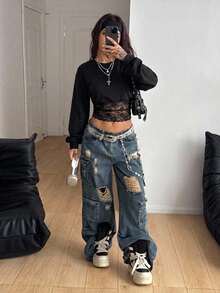Coolane 女款蕾絲拼接修身百搭日常穿著長袖運動衫 - 黑色 - 查看 3