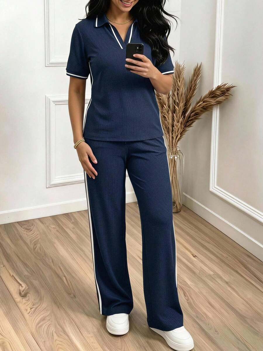 EMERY ROSE Middle-Aged And Elderly Women's Short Sleeve Top And Long Pants Set Dates Tidur Autumn