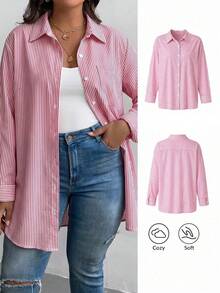 Rusticease Camisa casual de manga larga a rayas de talla grande, ropa de mujer de otoño - Rosa Fucsia - Ver 9