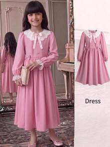 SHEIN Tween Girls Tween Girl Lace Pink Bow Cute Dress, Autumn/Winter/All Season Wear, Primary School, Middle School - Pink - View 6