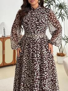 Modelyn Plus Size Women's Fashion Minimalist Elegant Cinched Cinched Waist Flared Dress - Coffee Brown - View 5