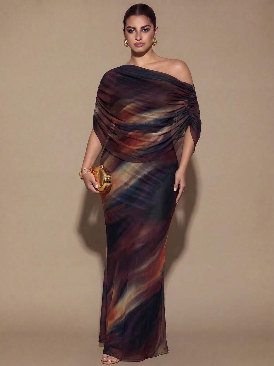 SHEIN BAE CURVE Plus Size Women's Brown Long Ruched Dress, Elegant Long Dress, Suitable For Outings, Date Dress - Brown - View 1