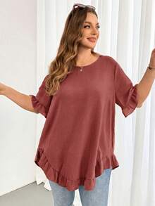 Shapeblank Blusa holgada de mujer talla grande con cuello redondo, mangas con volantes y botones, unicolor - Rosa vieja - Ver 4