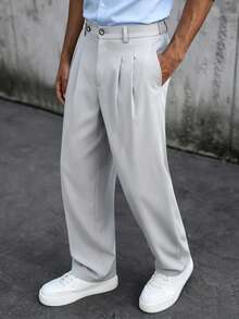 Manfinity CasualCool 男士淺灰色雙褶寬腿西裝長褲，雙扣腰部設計，寬鬆顯瘦休閒長褲，極簡斜口袋，復古純色正式長褲，百搭日常通勤長褲 - 灰色 - 查看 4