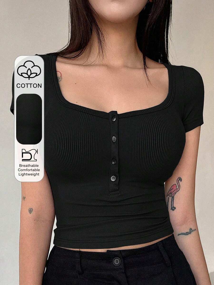 DAZY Square Neck Short Sleeve Button Decor Slim Fit Black Ribbed Knit Cotton Blend Versatile Women's T-Shirt Summer - Black - View 1