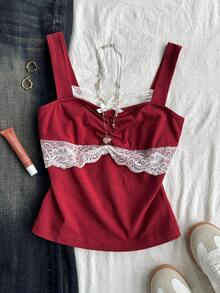 DAZY Women's Lace Patchwork Bow Decor Casual Versatile Daily Wear Top - Burgundy - View 2