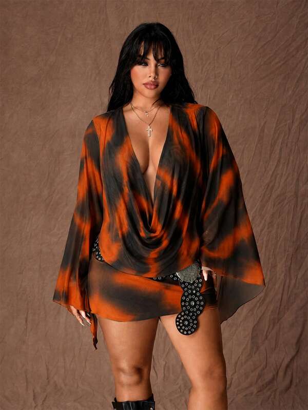 Rustia Plus Size Early Autumn Deep V Cowl Neck Mesh Leopard Print Sexy Bodycon Mini Dress With Wide Sleeves For Commute And Party
