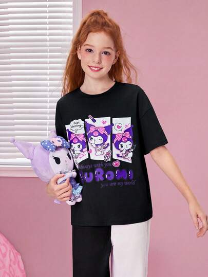 HELLO KITTY AND FRIENDS | SHEIN 青少年女孩卡通印花休闲百搭可爱宽松落肩宽松短袖 T 恤，夏季