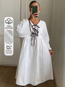 DAZY Camisón de mujer con bloques de color y nudo, corte holgado, estilo lindo, para otoño/invierno - Blanco - Ver 4