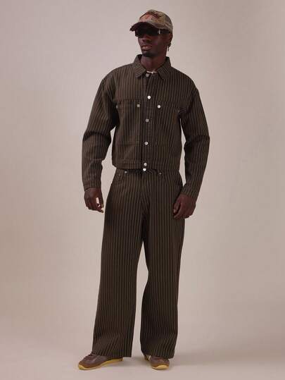 Celana Jeans Denim Garis-garis Longgar Ukuran Besar dengan Ikat Pinggang dan Lubang Sabuk di Belakang, Detail Patch "Musero", Hanya Celana Panjang yang Sesuai.