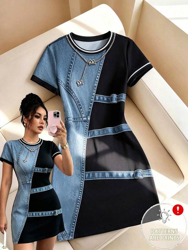 GlowEve Women's Casual Mid-Length Digital Print Denim Effect Round Neck Short Sleeve Dress Suitable For Work And Commuting