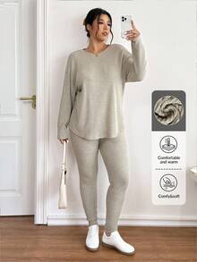 Lounesse Plus Size Women Plain Grey Ribbed Knit Set,Autumn Crew Neck Long Sleeve Top And Pants 2 Pieces,Smart Casual Everyday Lounge Comfy Sweater Sets Fall - Multicolor - View 1