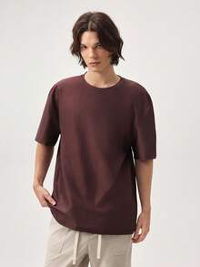 Vaulklash Men's Casual Letter Print Loose Cropped T-Shirt, Summer - Burgundy - View 5