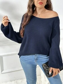 SHEIN Essnce 大码女装秋季女装新款时尚休闲通勤拉绒面料休闲纯色藏青色宽松多穿法（单肩、斜肩、正肩）针织毛衣，毛衣套头露肩上衣，露肩长袖，秋季女士毛衣， - 藍色 - 查看 6