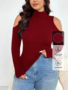 SHEIN Essnce 大尺碼女款秋冬時尚休閒高彈力舒適日常基礎百搭修身露肩紅色高領修身上衣，秋季穿搭，打底上衣，上班上衣，冬季衣物，外出上衣 - 酒紅色 - 查看 6