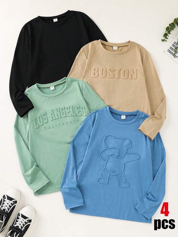 SHEIN 4pcs Kids Tween Boy Casual Minimalist Versatile Long Sleeve T-Shirts, Black T-Shirt, Bean Green T-Shirt, Khaki T-Shirt, Fog Blue T-Shirt, All-Match Top, Suitable For Fall/Autumn, School, Family Gatherings