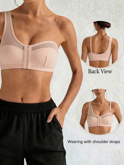 DesireSculpt Bra Wanita Warna Polos dengan Resleting Depan dan Satu Bahu, 1 buah
