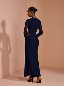 JIAN LASALA Mesh Deep V Side Cutouts Long Sleeve Women Boho Maxi Dress Vacation Holiday Wear - Blue - View 2