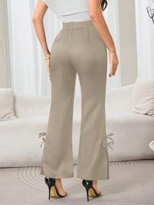 Modelyn Women's Elegant Commuter Solid Color Bow Decor Split Flare Pants  Fall Clothes For Women  Modest  Korean Style - Khaki - View 2