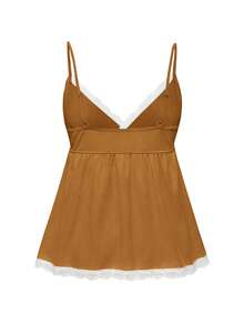 ROMWE Conjunto de pijama casual de camiseta de tirantes acanalada y pantalones cortos con encaje - Marrón - Ver 6