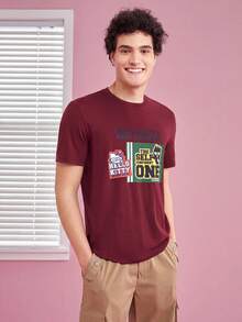 HELLO KITTY AND FRIENDS | SHEIN Men Cartoon Print Short Sleeve T-Shirt - Burgundy - View 1