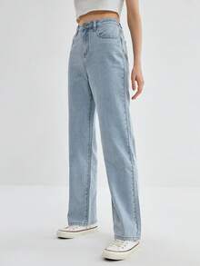 ROMWE Solid Straight Leg Jeans, School - Light Wash - View 1