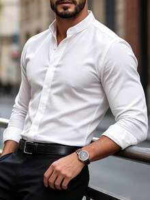 Manfinity Mode Men's Solid Color Faux Linen Stand Collar Hidden Placket Mature Casual Slim Fit Long Sleeve Shirt - White - View 5