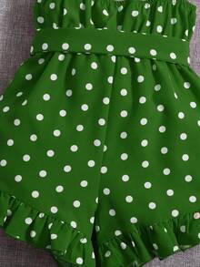 SHEIN Baby Girl Polka Dot Print Ruffle Hem Belted Cami Romper - Green - View 4