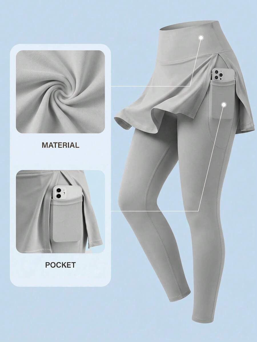 SHEIN Cheerettes 女款純色休閒日常旅行運動緊身灰色裙褲,柔軟彈性面料,透氣吸濕排汗,側開衩雙口袋,健身適用 - 灰色 - 查看 1