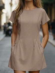 EMERY ROSE Women's Solid Color Pocket Casual Everyday Summer Dress City Break Office Everyday Travel Brunch Work All Khaki - Brown - View 1