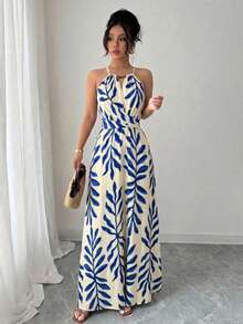 Elenzga Women's Spring/Summer Apricot Elegant Casual Beaded Design Sleeveless Fitted Slim Fit A-Line Dress - Blue - View 1