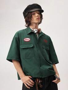 Vaulklash Men's Letter Print Short Sleeve Single-Breasted Cargo Pocket Shirt,Holiday,Summer - Army Green - View 4